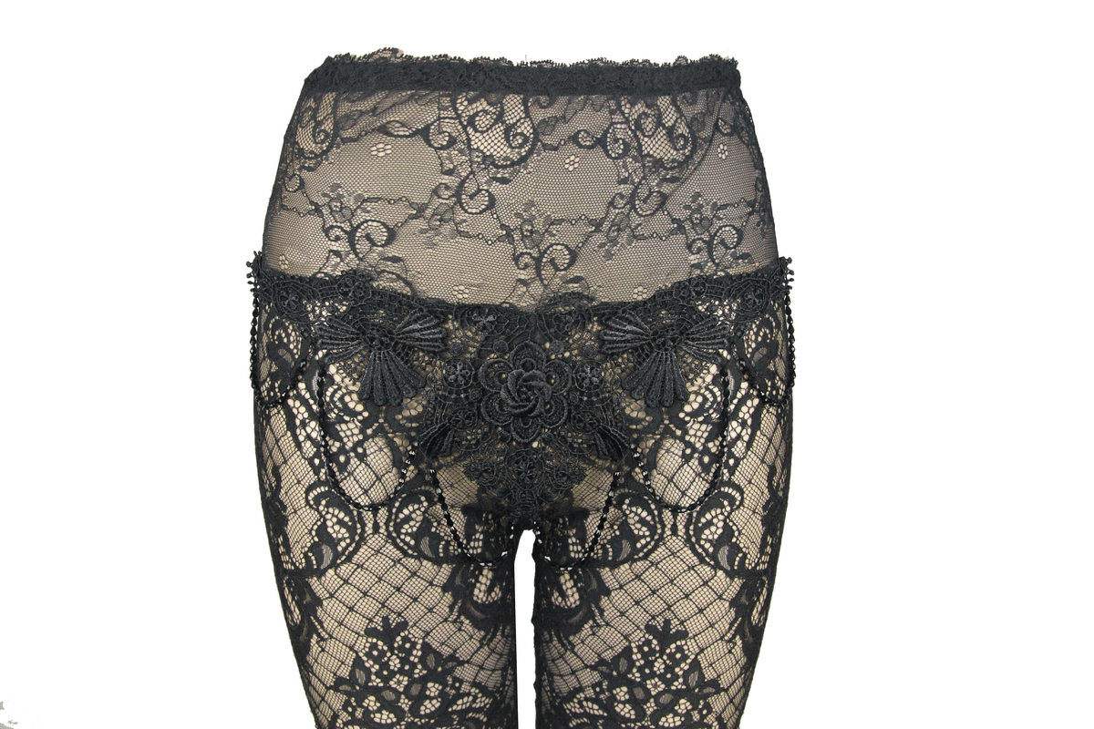 Gothic black lace flared pants for women, featuring intricate lace details and a flattering design.