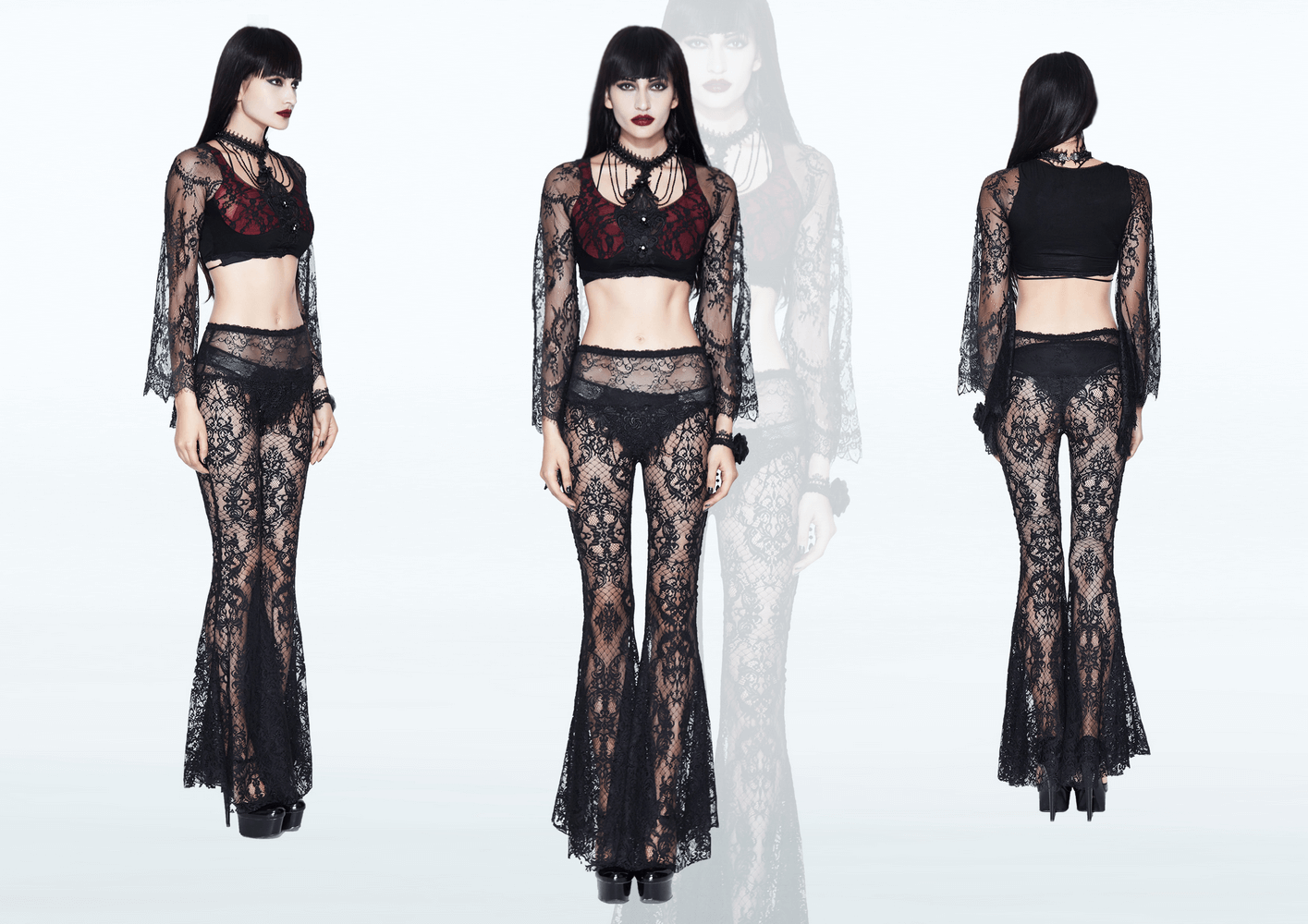 Stylish model wearing gothic black lace flare pants with matching top, showcasing elegance and allure in transparent lace.