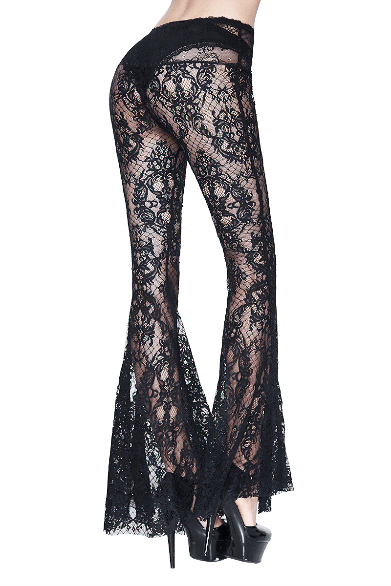 Gothic Black Lace Flare Pants / Sexy Transparent Women's Long Trousers - HARD'N'HEAVY