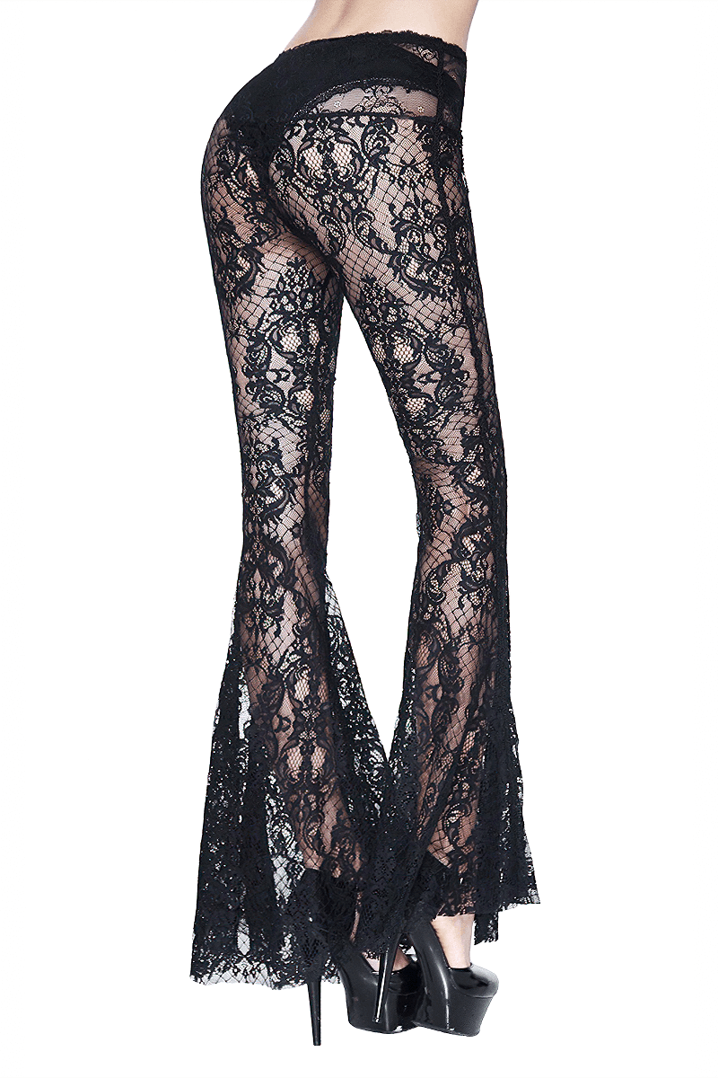 Gothic black lace flare pants for women, featuring a transparent design and flared cut that enhances the silhouette.