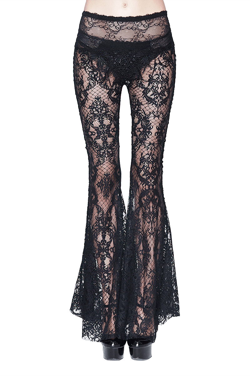 Gothic black lace flare pants for women, showcasing a stylish transparent design that flatters the figure.