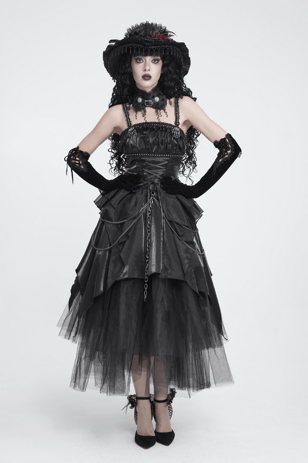Gothic Black Lace Floral Choker with Silver Clasps styled with an elaborate black lace dress and accessories.