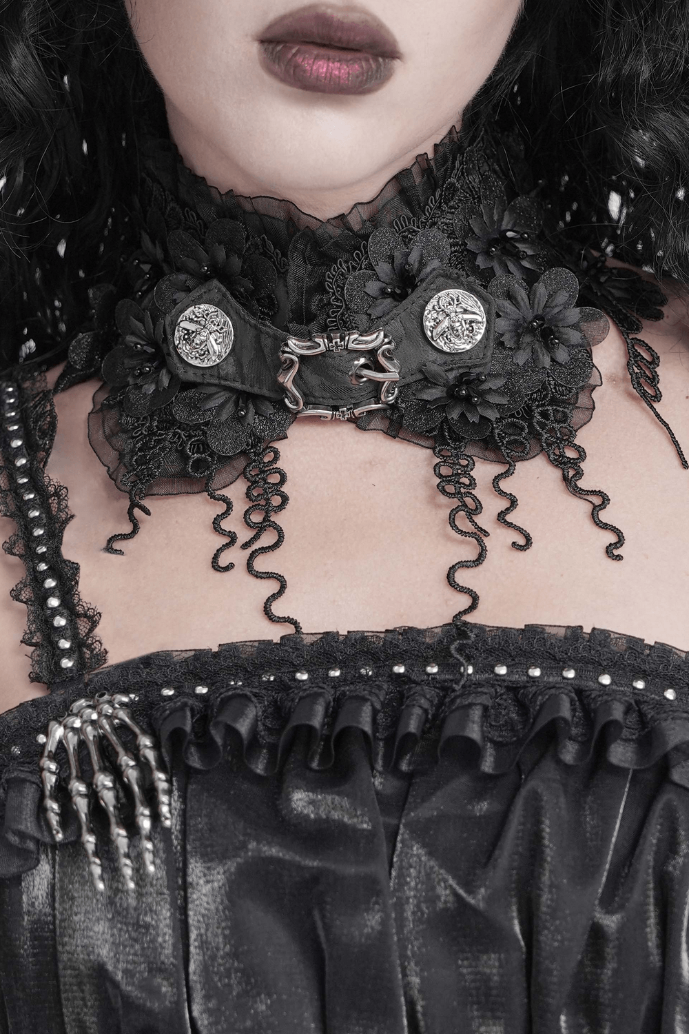 Gothic Black Lace Floral Choker with Silver Clasps worn on a model, featuring intricate lace and floral details.