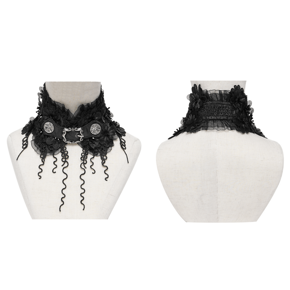 Gothic Black Lace Floral Choker with Silver Clasps displayed on a mannequin showcasing its ornate design and floral accents.