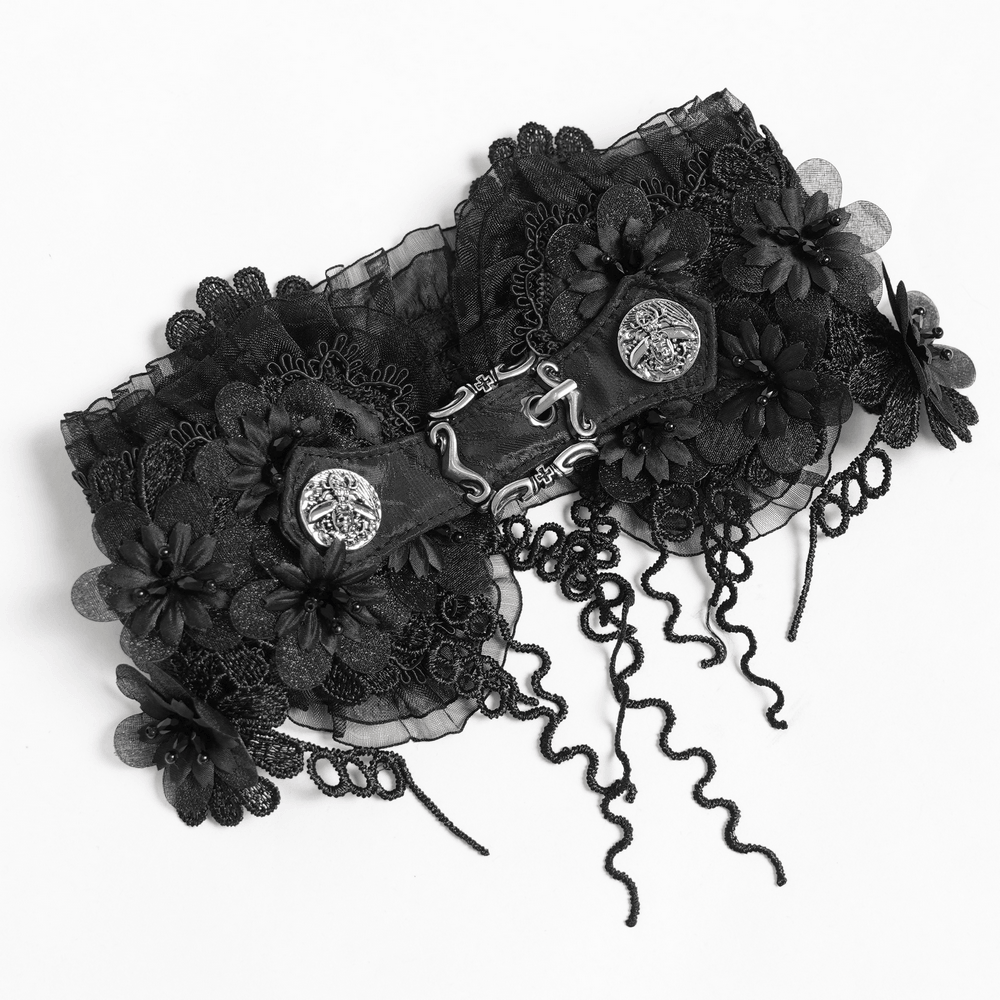 Gothic Black Lace Floral Choker with Silver Clasps featuring floral appliques and ornate metal accents.