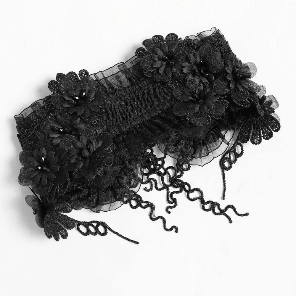 Gothic Black Lace Floral Choker with Silver Clasps featuring layered lace and floral appliques.