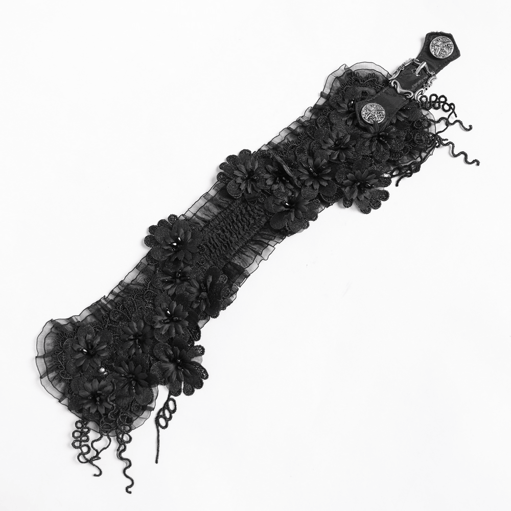 Gothic Black Lace Floral Choker with Silver Clasps featuring intricate lace and floral details.