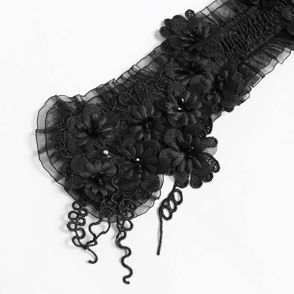 Gothic Black Lace Floral Choker with Silver Clasps featuring layered black lace and floral appliques.