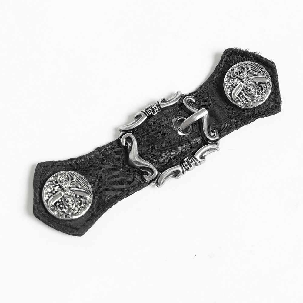 Gothic Black Lace Floral Choker with Silver Clasps showing intricate silver clasps on a black lace base.