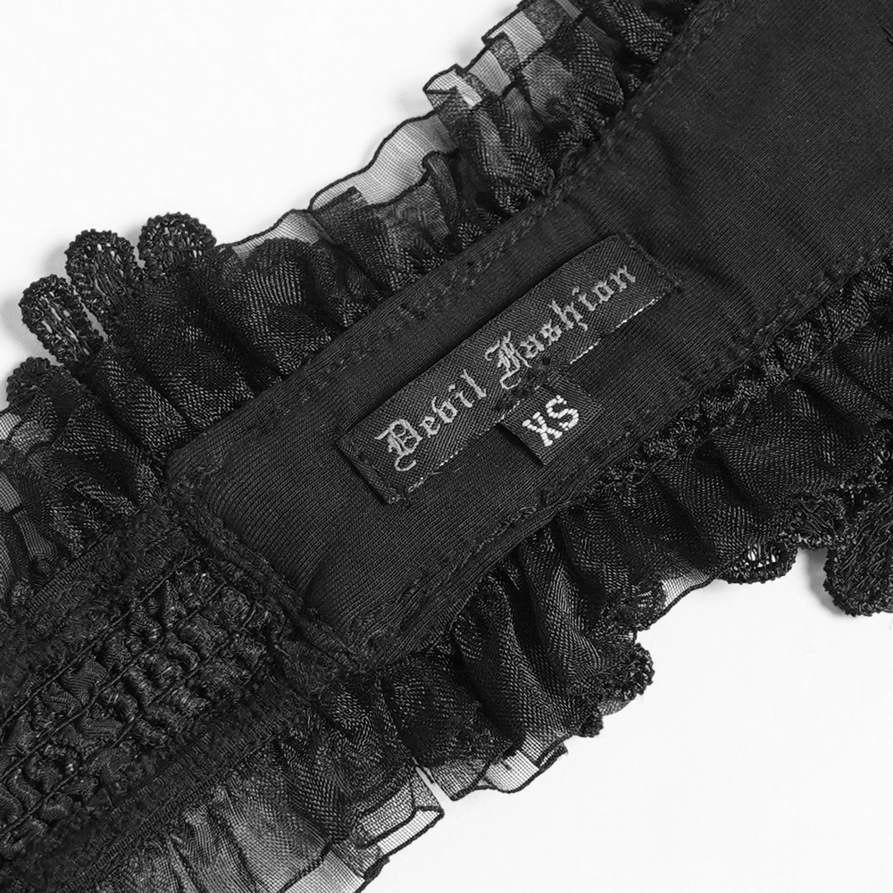 Gothic Black Lace Floral Choker with Silver Clasps detail showing intricate black lace and label.