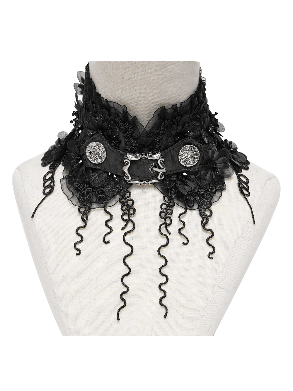 Gothic Black Lace Floral Choker with Silver Clasps showcasing layered lace and ornate silver-tone medallions.