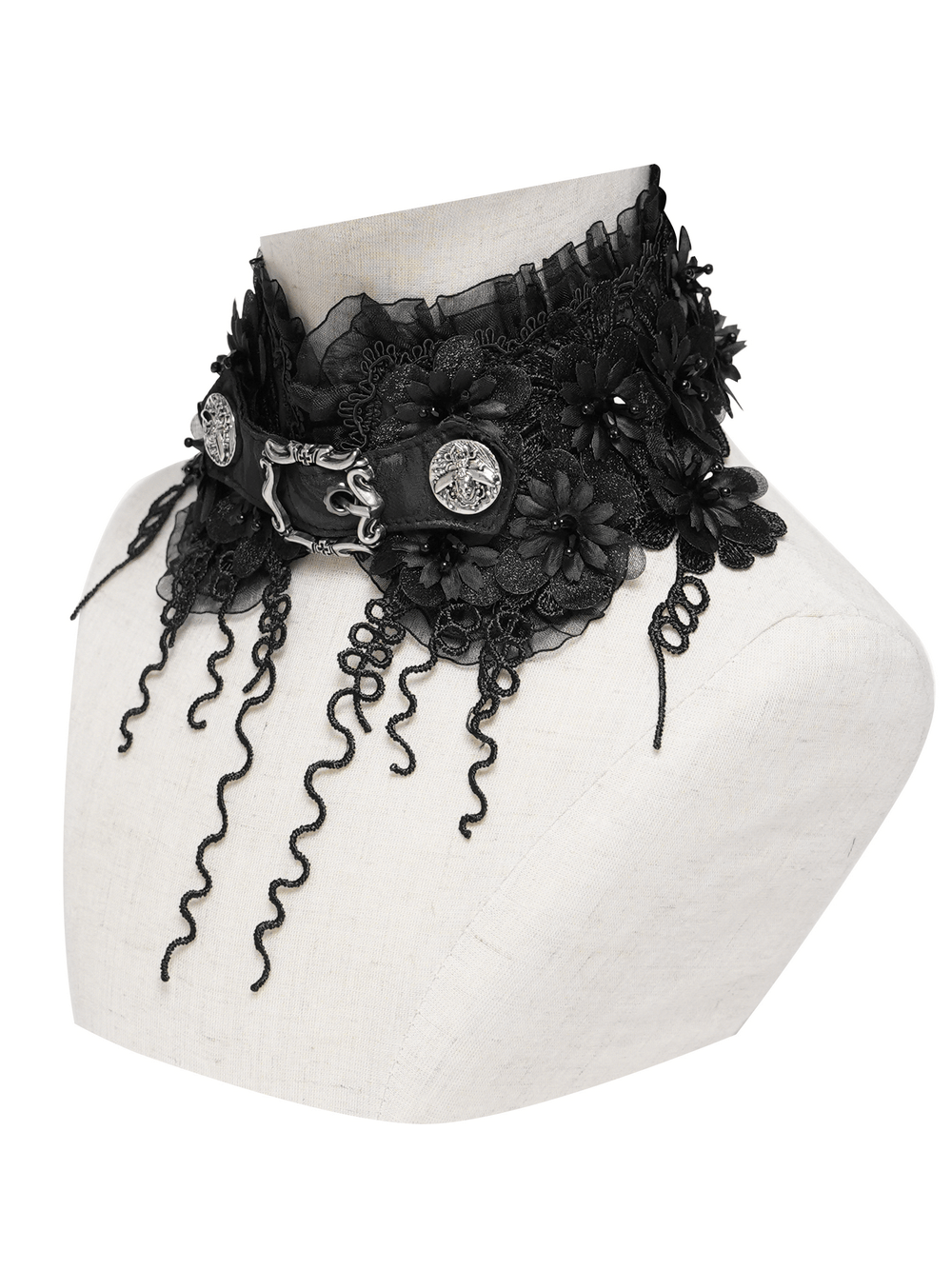 Gothic Black Lace Floral Choker with Silver Clasps on display, showcasing intricate lace and floral design.