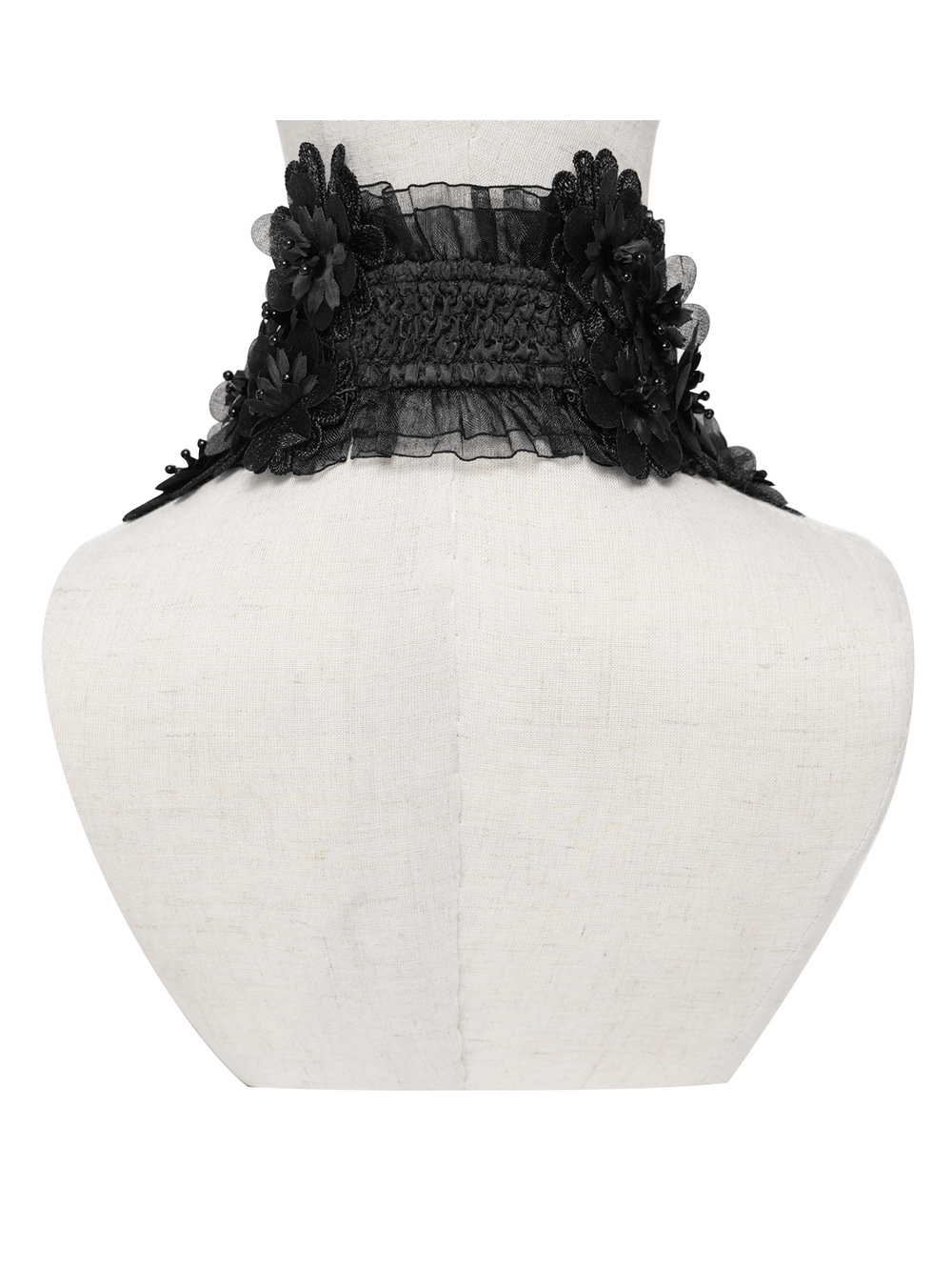 Gothic Black Lace Floral Choker with Silver Clasps displayed on a mannequin, showcasing its layered black lace and floral details.
