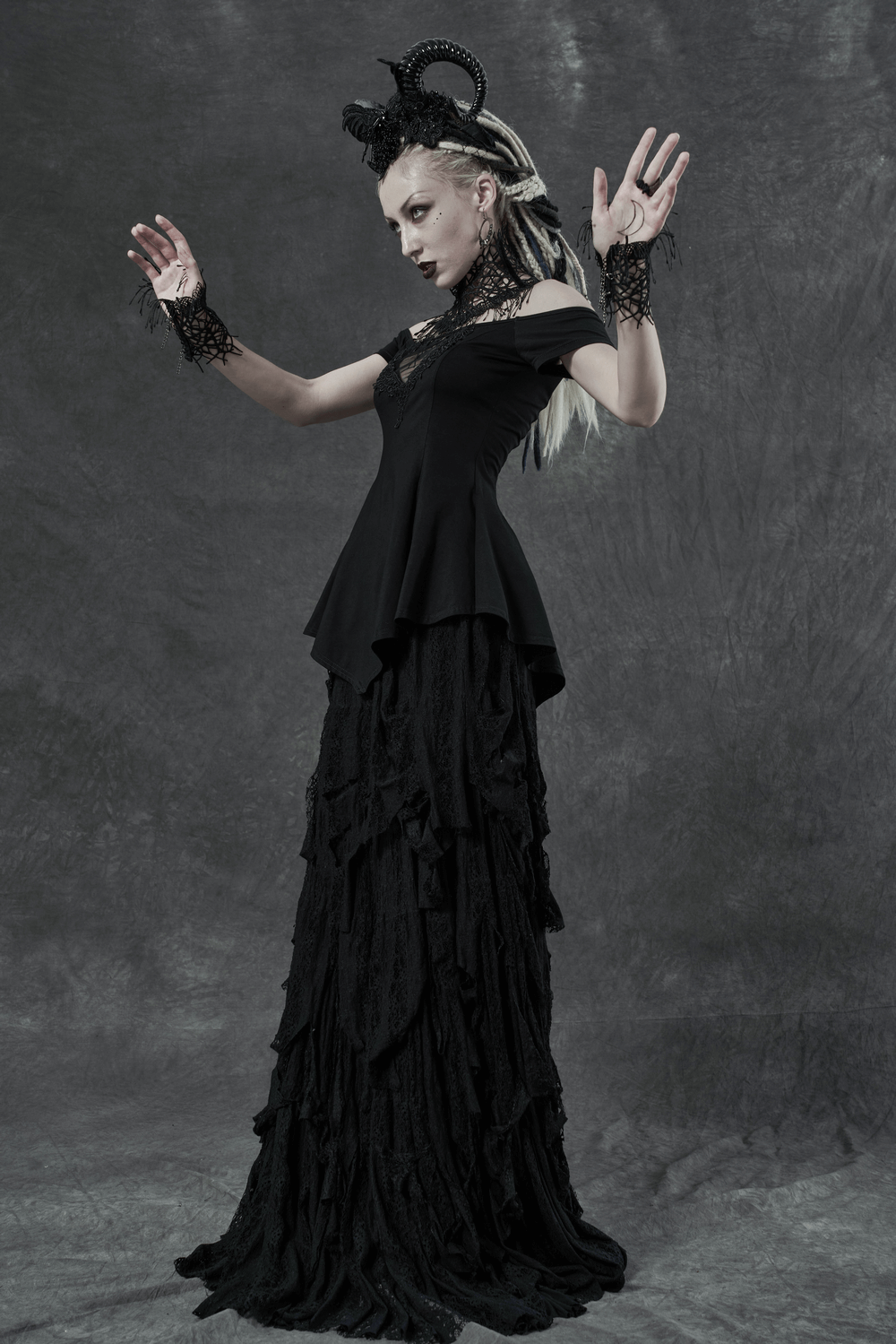 Gothic Black Lace Glove and Neck Set with Tassels
