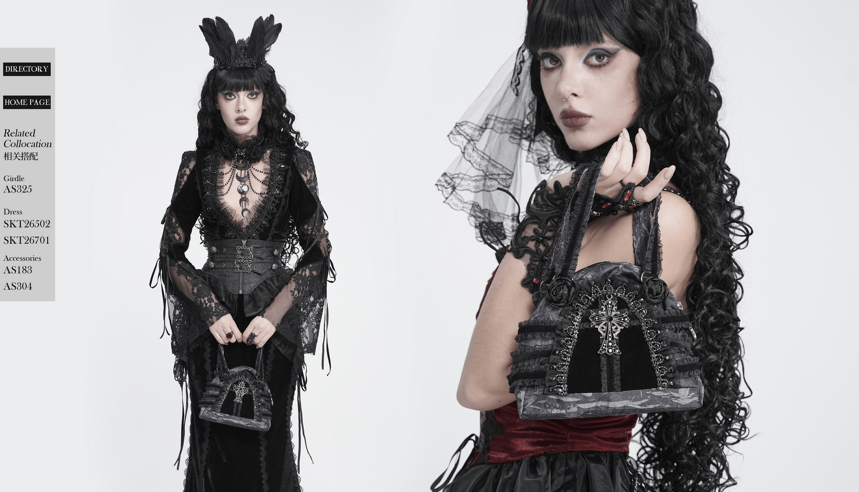 Gothic Black Lace Handbag with Cross and Rose Details held by model in dark romantic outfit.
