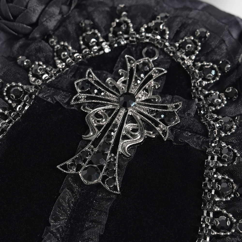 Gothic Black Lace Handbag with Cross and Rose Details featuring ornate cross and lace embellishments.