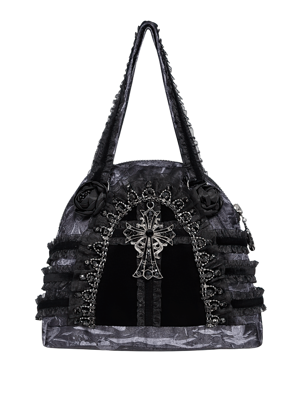 Gothic Black Lace Handbag with Cross and Rose Details featuring intricate lace and rose appliques.