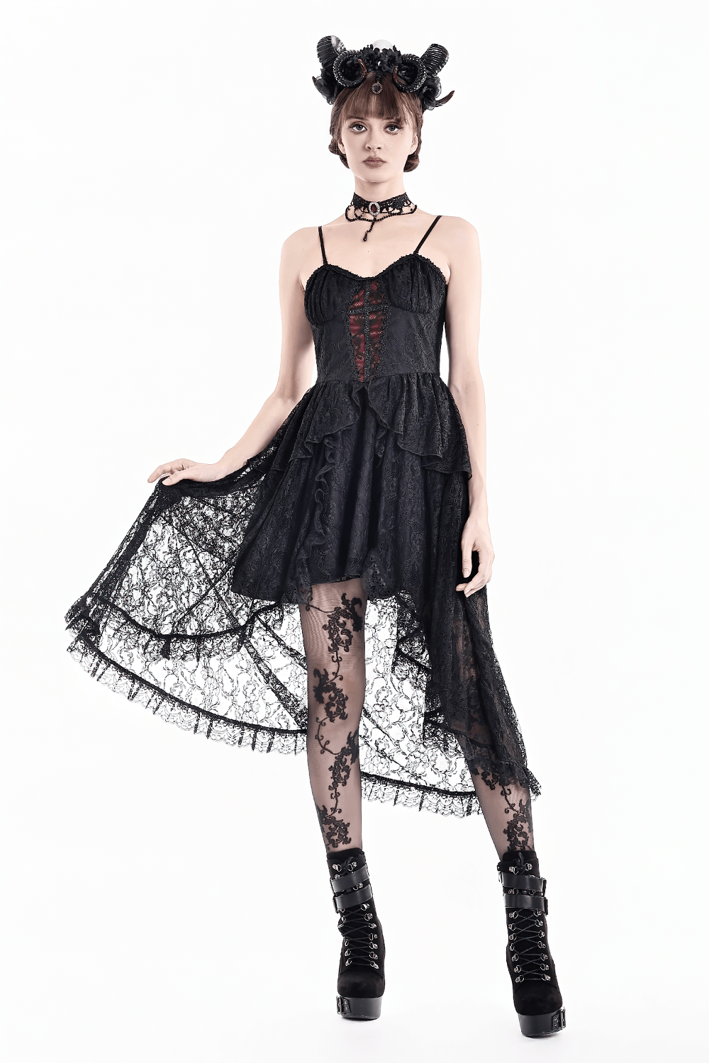 Gothic Black Lace High Low Dress with Corset Bodice