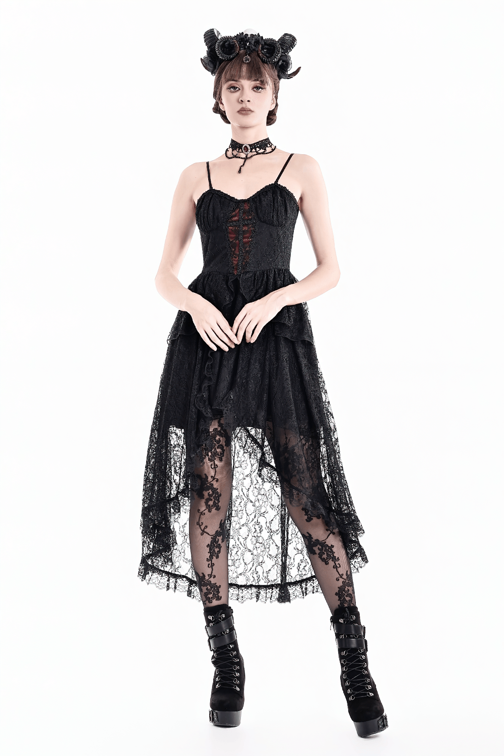 Gothic Black Lace High Low Dress with Corset Bodice