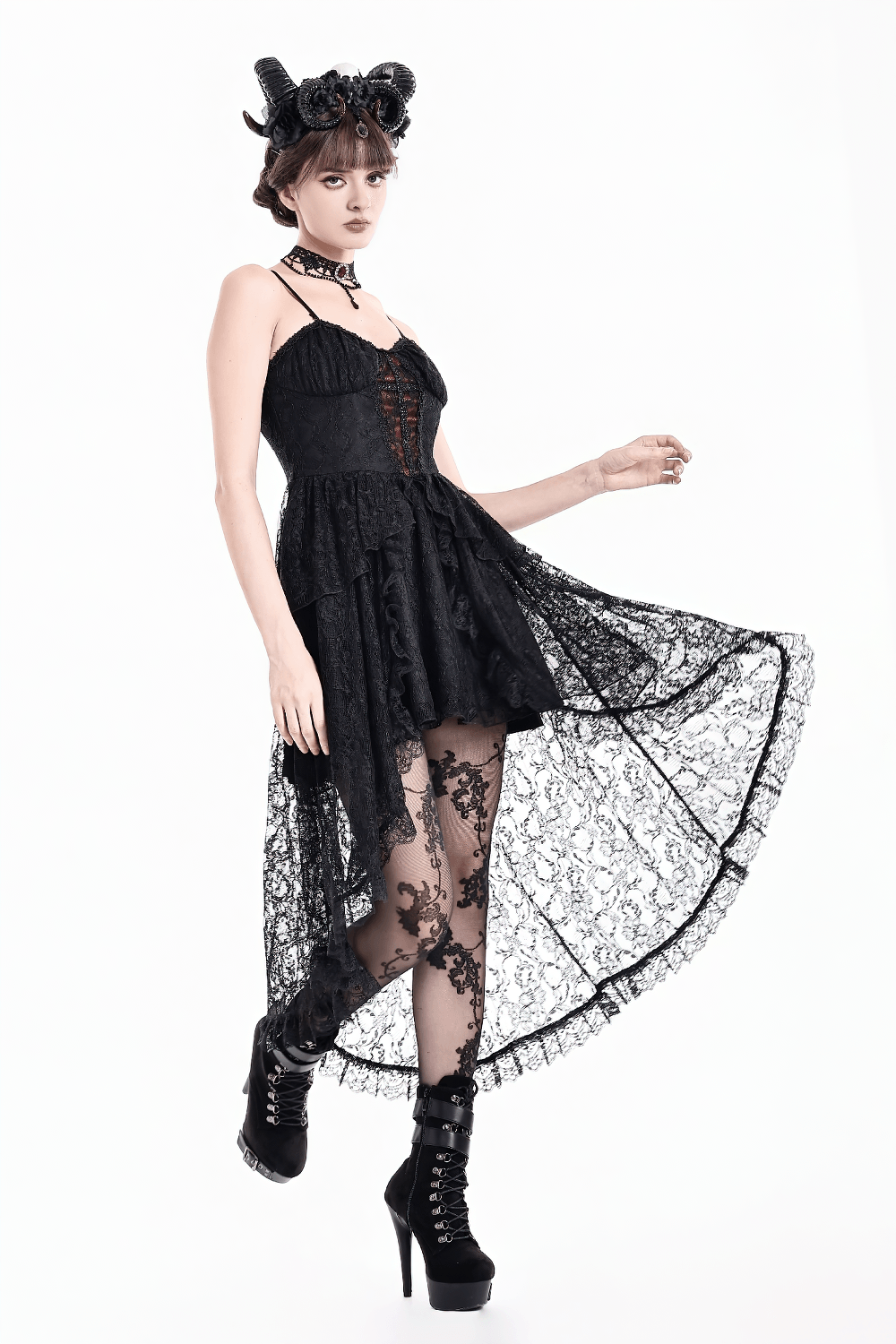 Gothic Black Lace High Low Dress with Corset Bodice