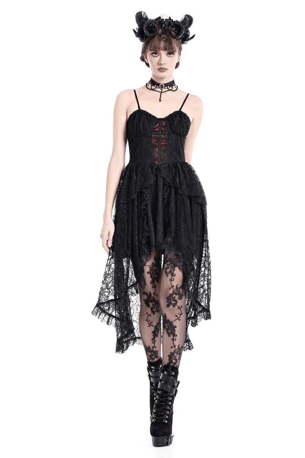 Gothic Black Lace High Low Dress with Corset Bodice