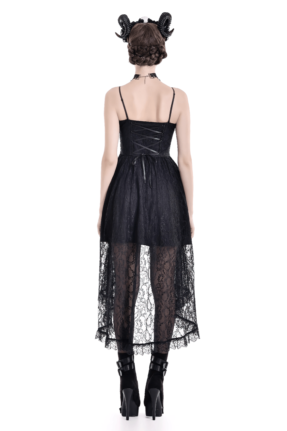 Gothic Black Lace High Low Dress with Corset Bodice
