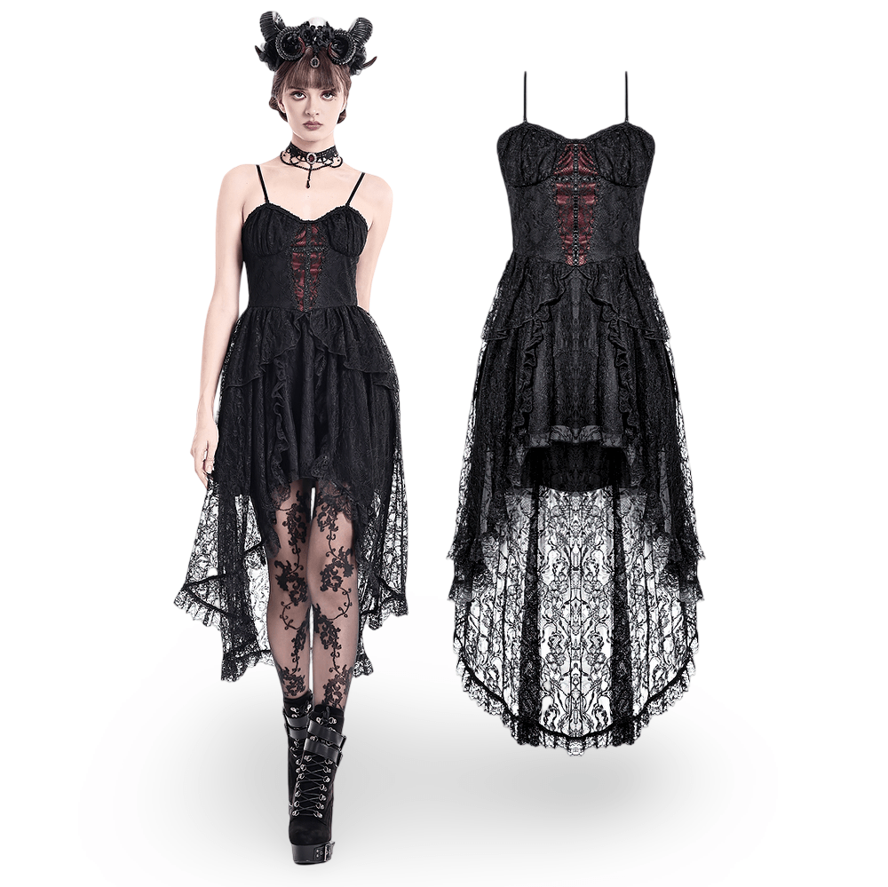 Gothic Black Lace High Low Dress with Corset Bodice