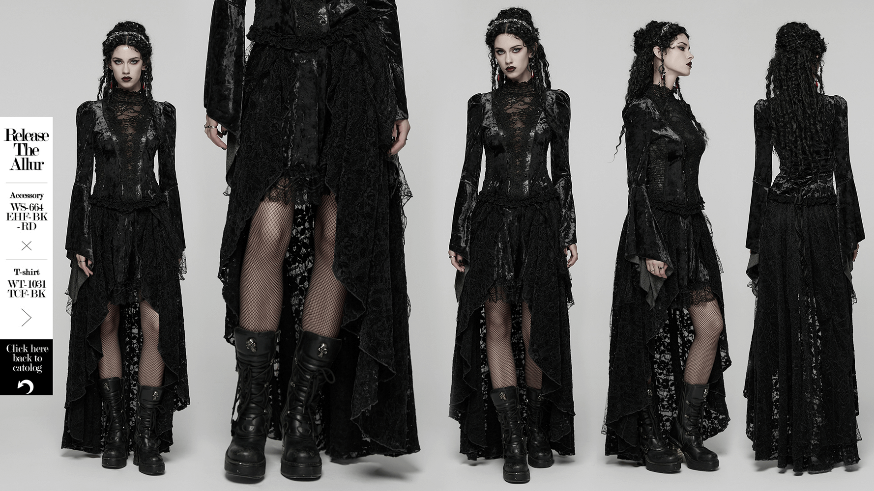 Gothic Black Lace High-Low Skirt with Velvet Detail worn by a model showcasing Gothic elegance and dramatic style.