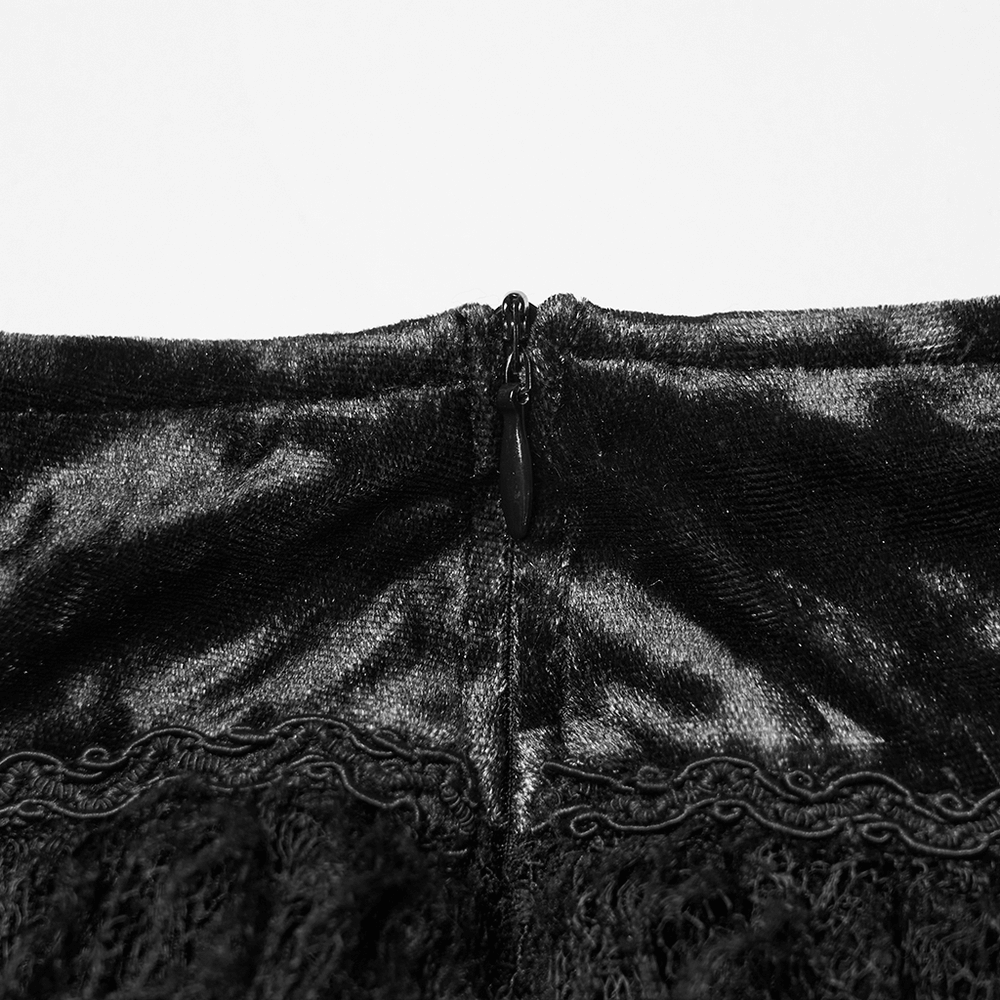 Gothic Black Lace High-Low Skirt with Velvet Detail showing invisible side zipper and luxurious velvet fabric.