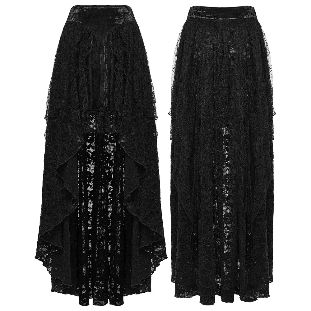 Gothic Black Lace High-Low Skirt with Velvet Detail showcasing dramatic layers and intricate spider web design.