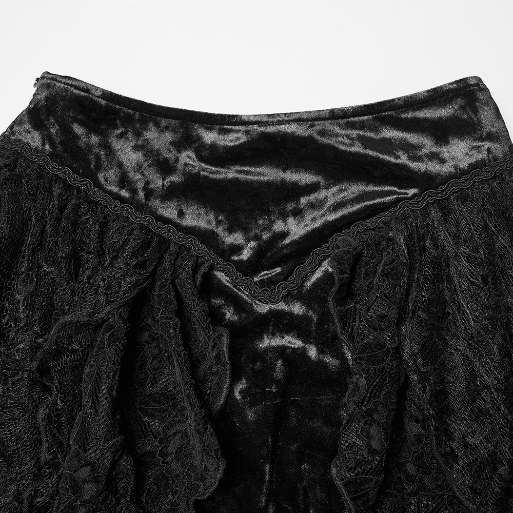 Gothic Black Lace High-Low Skirt with Velvet Detail showcasing intricate lace and soft velvet texture.