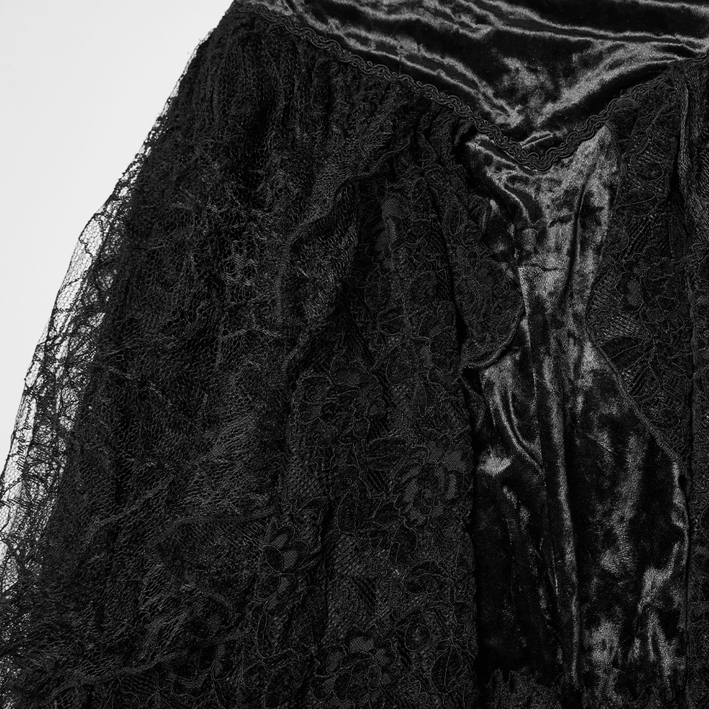 Gothic Black Lace High-Low Skirt with Velvet Detail showcasing intricate lace and velvet textures.