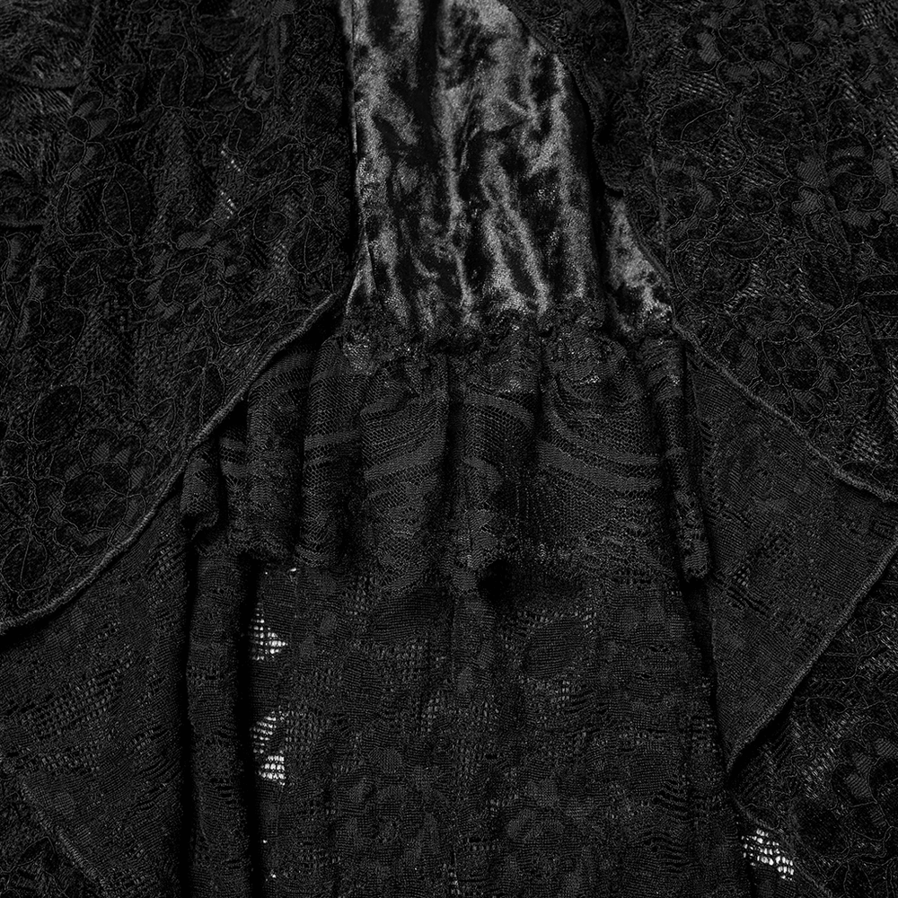 Gothic Black Lace High-Low Skirt with Velvet Detail showcasing intricate lace and velvet textures in black.