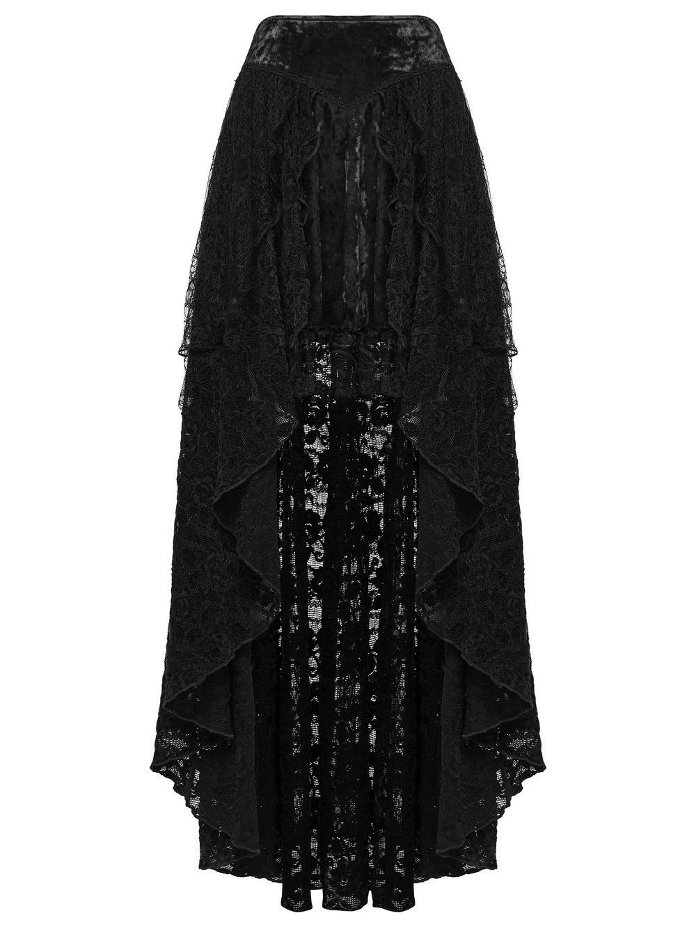 Gothic Black Lace High-Low Skirt with Velvet Detail featuring dramatic layers and a striking spider web design.