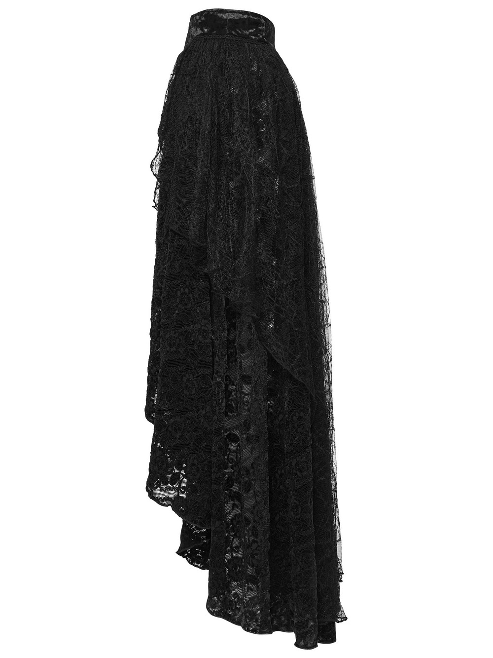 Gothic Black Lace High-Low Skirt with Velvet Detail showcasing dramatic lace and mesh textures, perfect for alternative fashion.