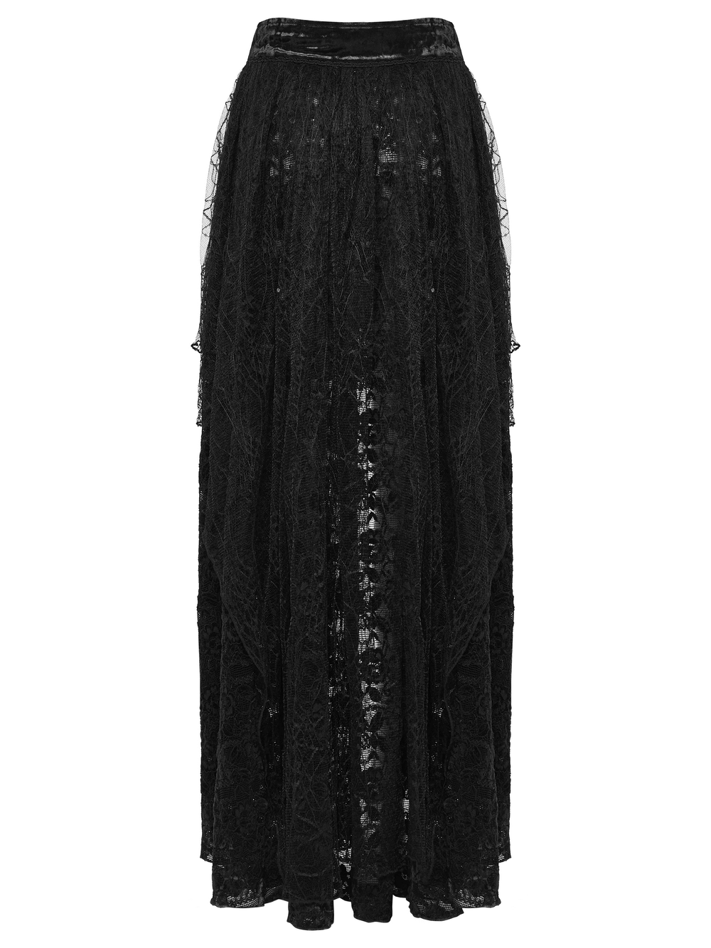 Gothic Black Lace High-Low Skirt with Velvet Detail featuring spider web mesh and layered design.