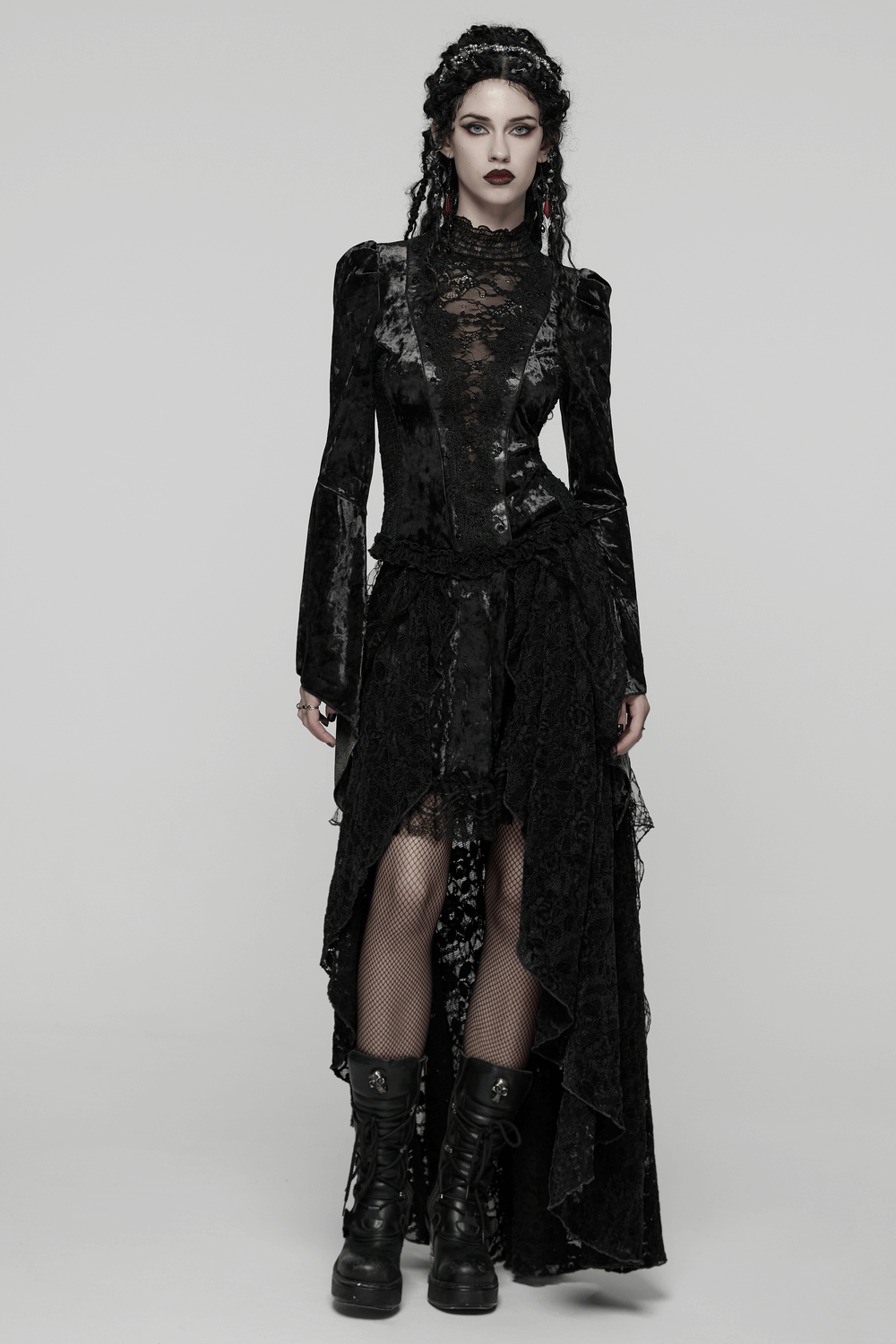 Gothic Black Lace High-Low Skirt with Velvet Detail worn by model, showcasing dark elegance and dramatic style.