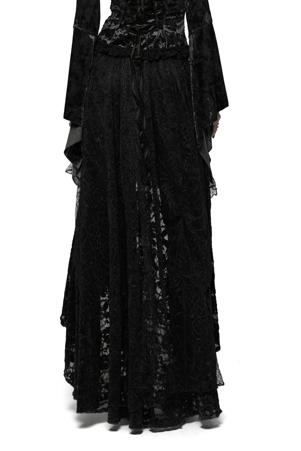Gothic Black Lace High-Low Skirt with Velvet Detail, showcasing elegant lace layers and stunning spider web mesh design.