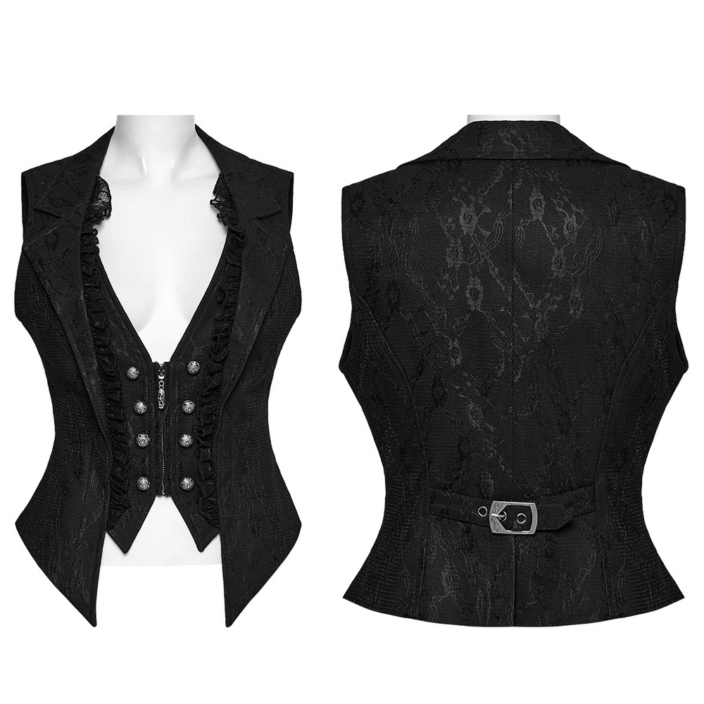 Gothic black lace lapel waistcoat with engraved buttons and ruffled detailing, showcasing a deep-V silhouette.