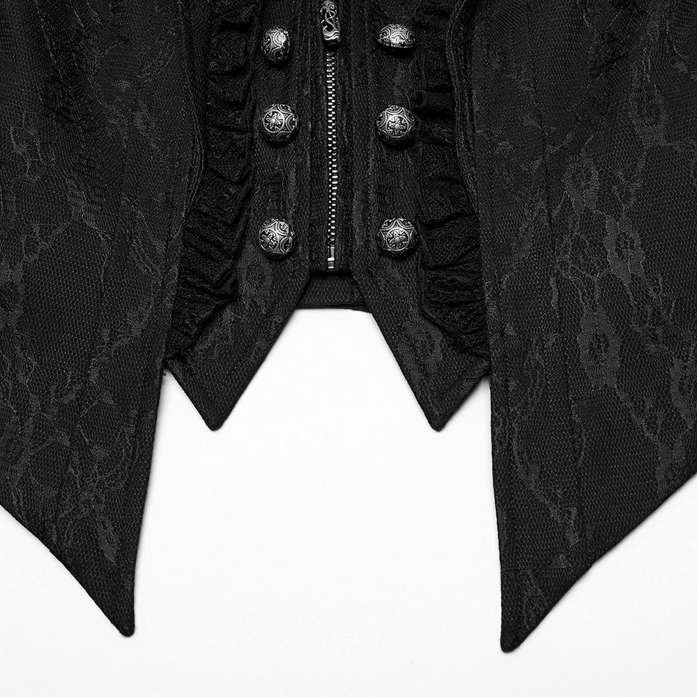 Gothic black lace waistcoat with deep-V lapel and engraved floral buttons, featuring ruffle detailing.