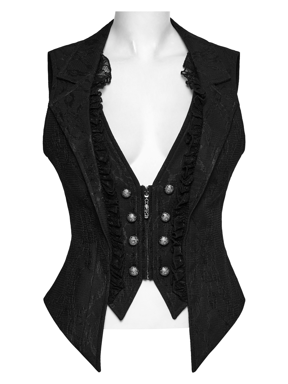 Gothic black lace waistcoat featuring deep-V lapel and engraved floral buttons for a bold academy style.