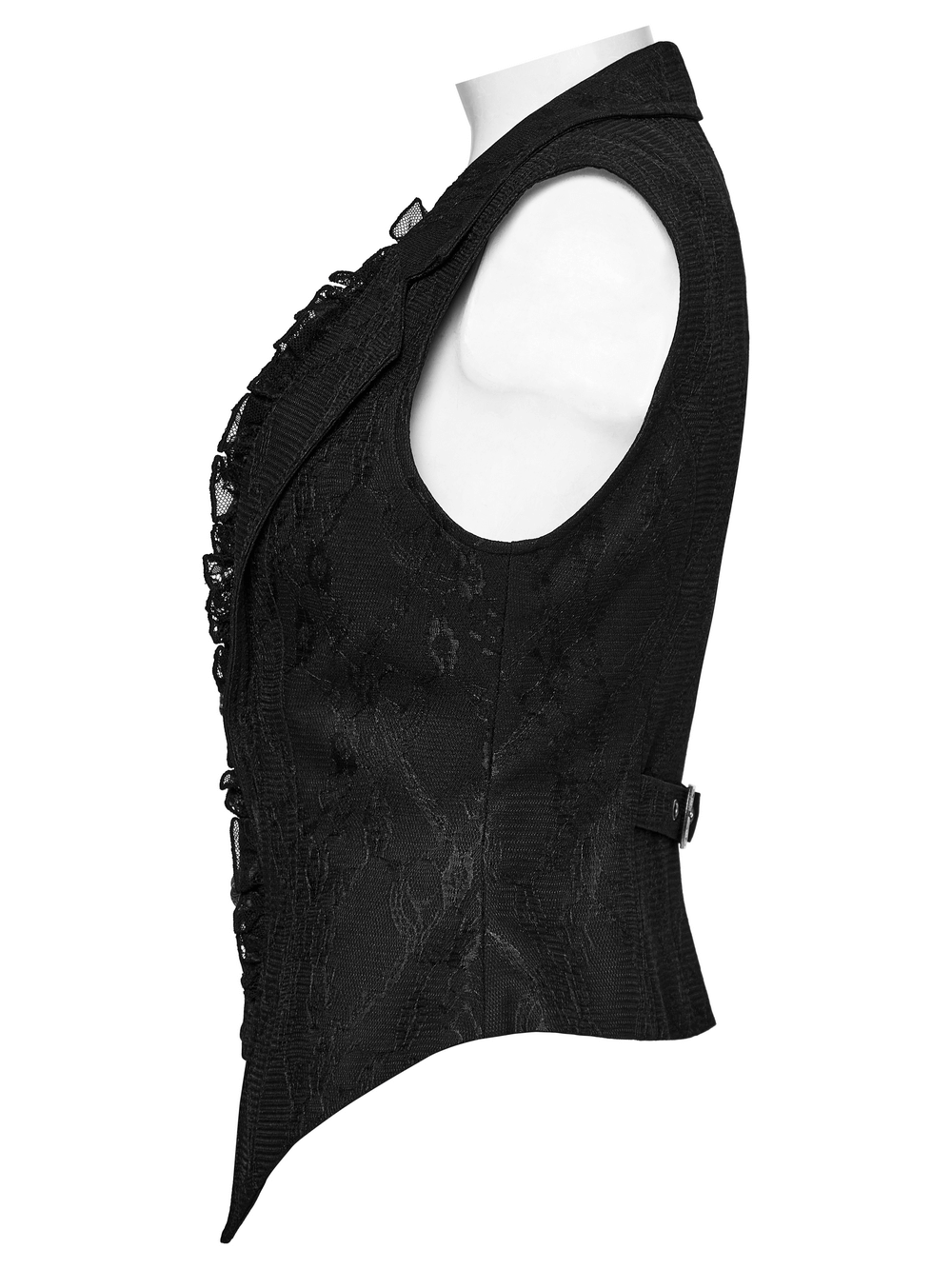 Gothic black lace lapel waistcoat showcasing a deep-V design and engraved floral buttons, perfect for stylish gothic outfits.