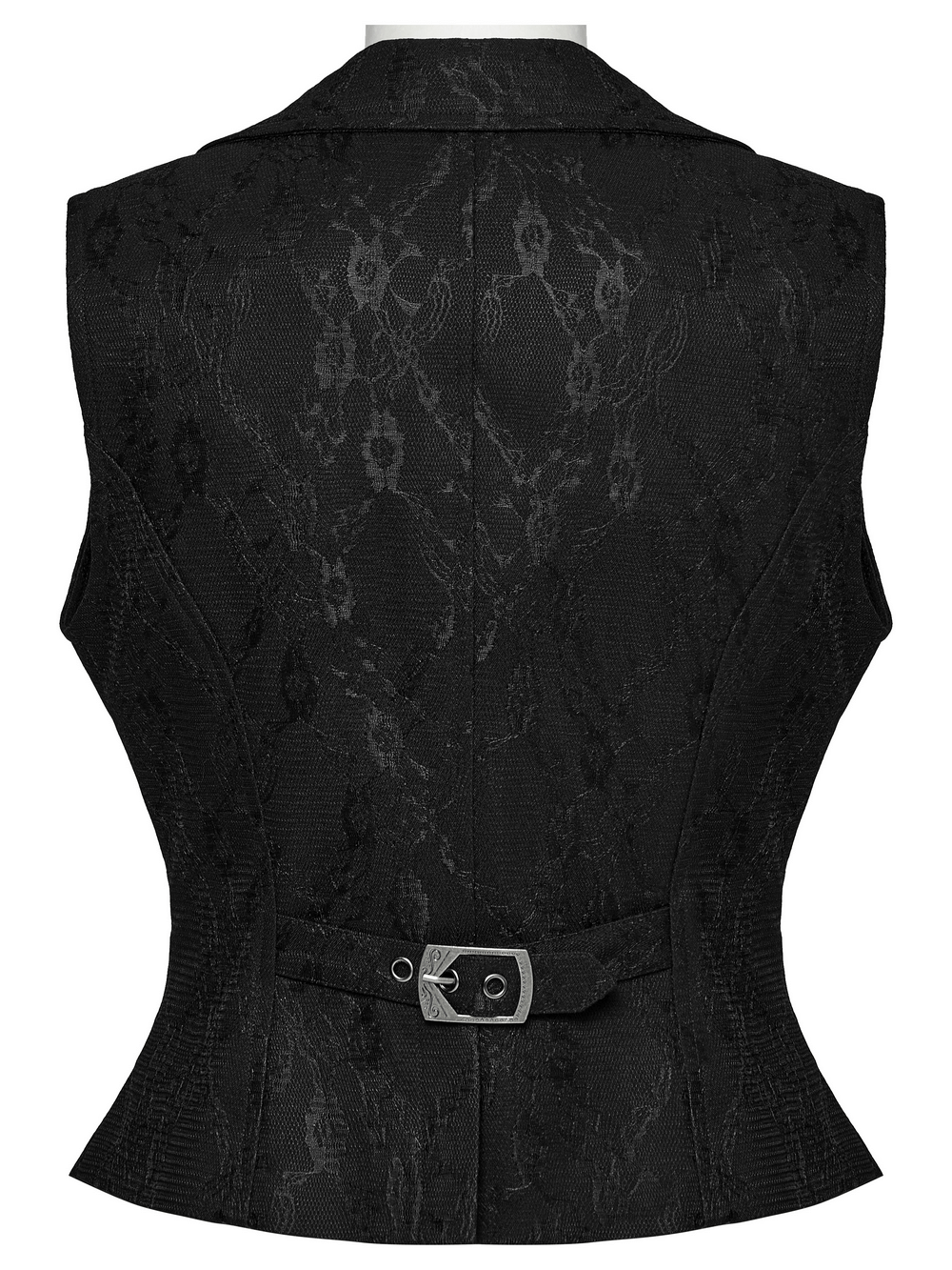 Gothic black lace waistcoat featuring a deep-V lapel and engraved floral buttons, showcasing a stylish silhouette.