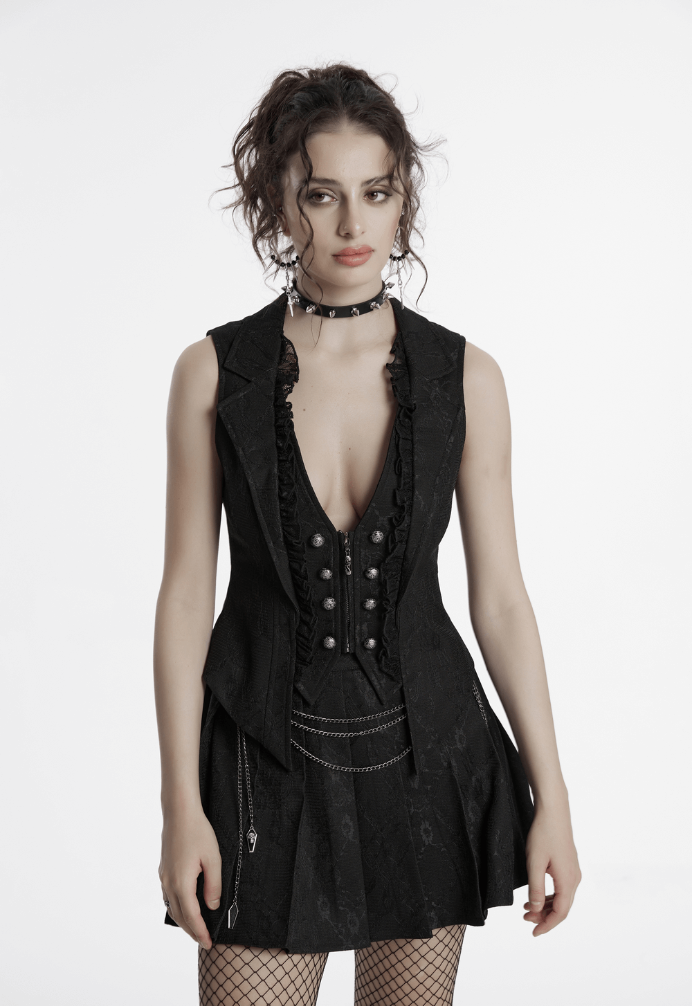 Gothic black lace waistcoat with deep-V lapel, engraved buttons, and ruffle detailing, styled for a bold look.
