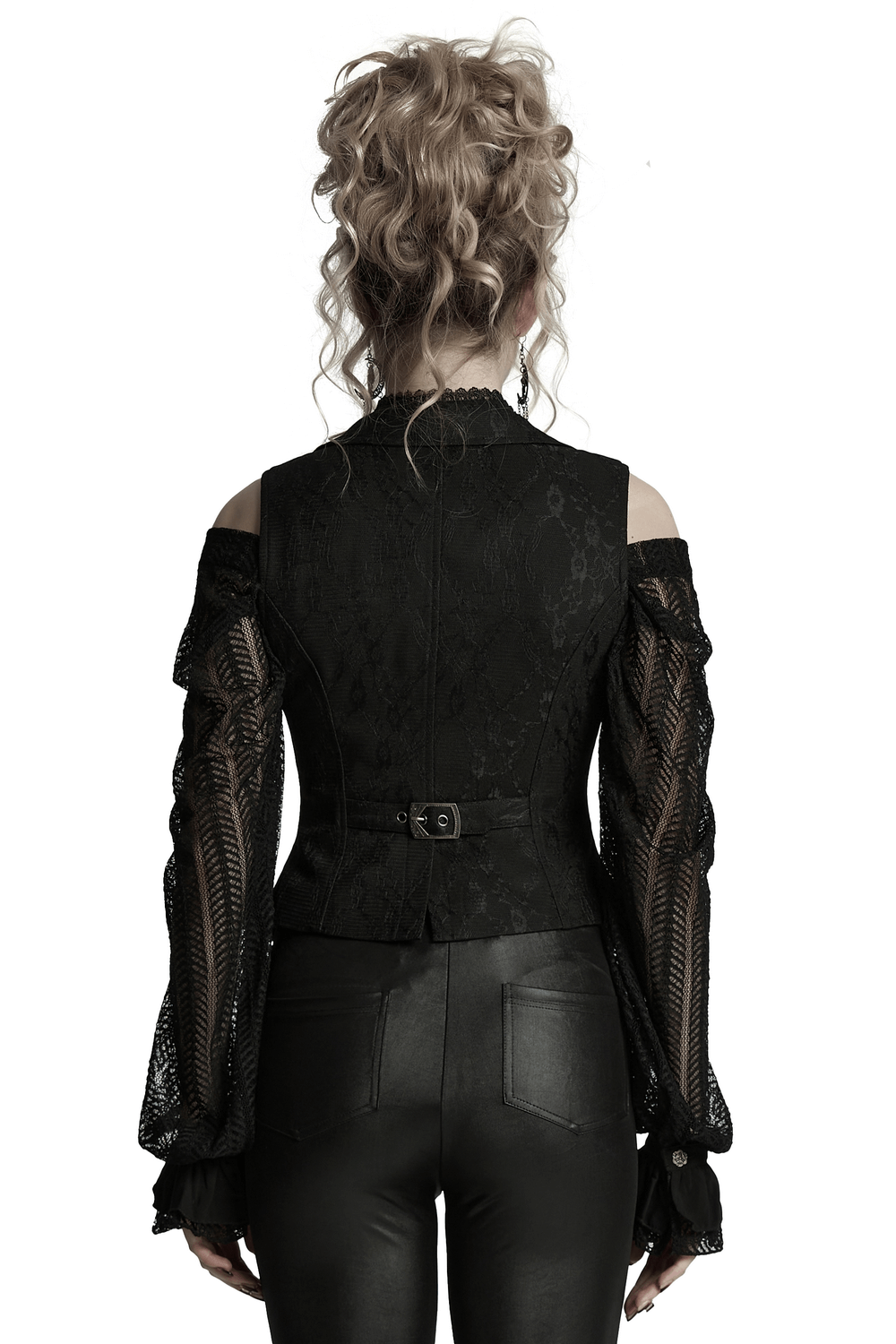 Back view of a Gothic black lace waistcoat with ruffled sleeves and a sleek silhouette.