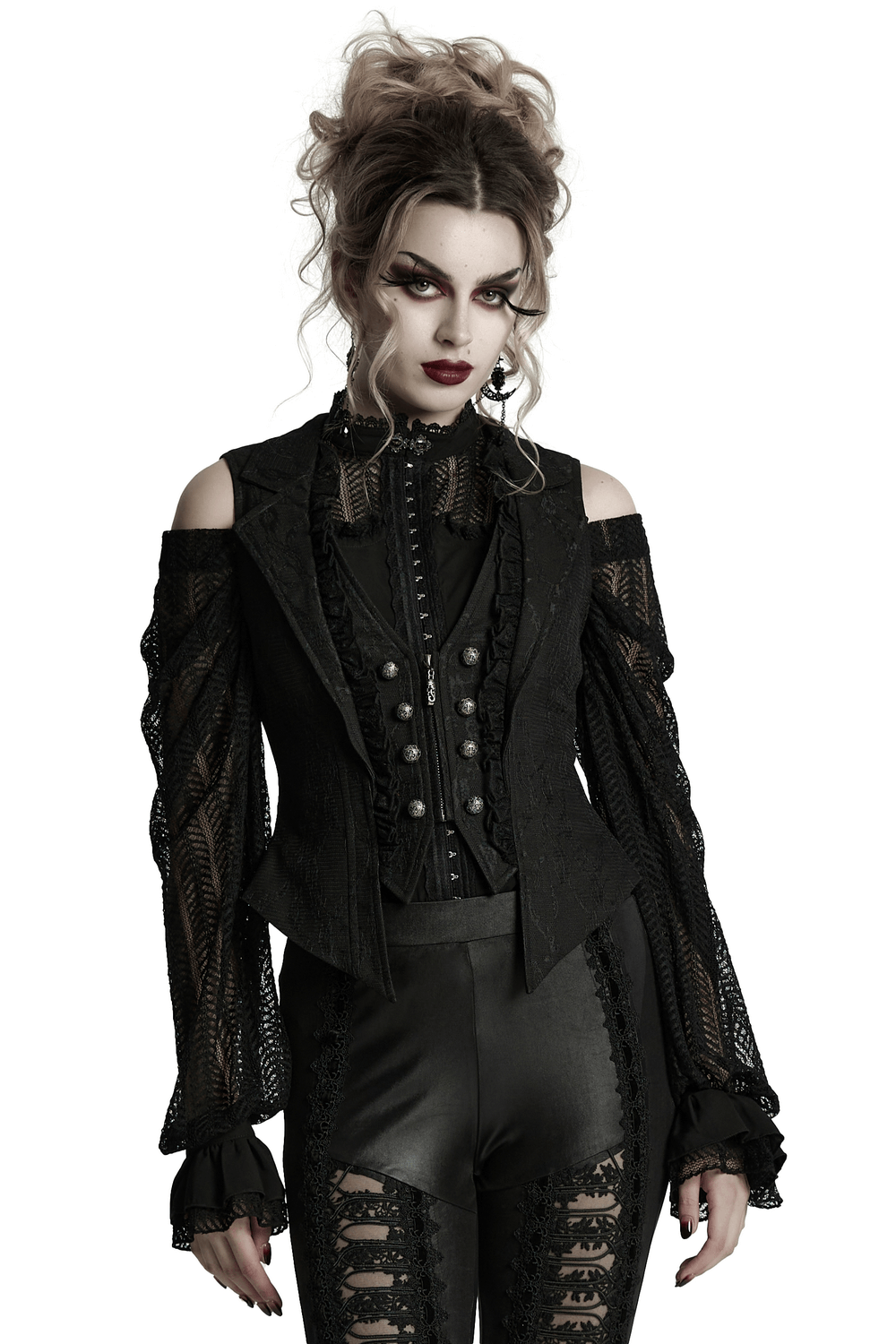 Gothic black lace waistcoat with engraved buttons and deep-V lapel, showcased in a stylish ensemble.