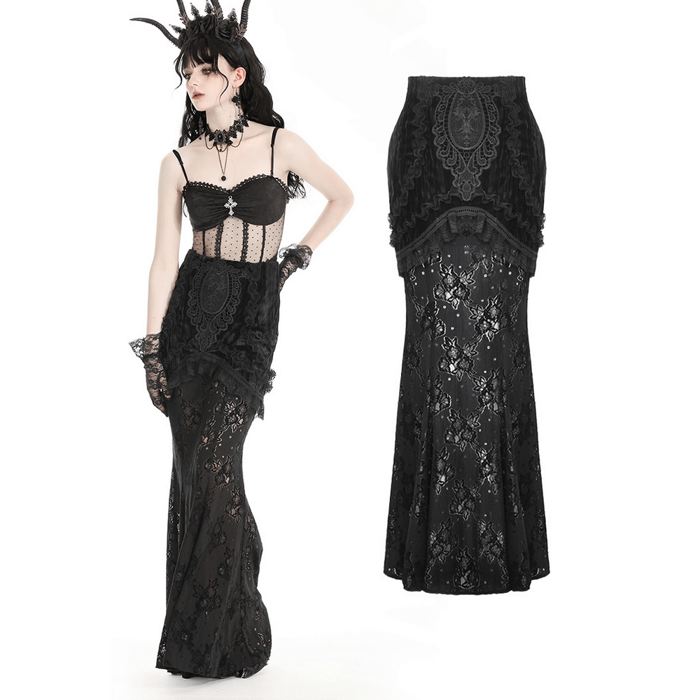 Gothic black lace layered long skirt for women, featuring intricate lace details and high-waist design, perfect for gothic fashion.