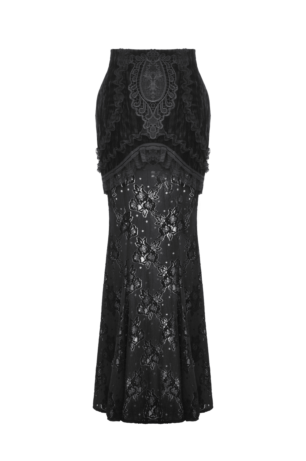 Gothic black lace layered long skirt for women featuring intricate lace detailing and elegant high-waist design.
