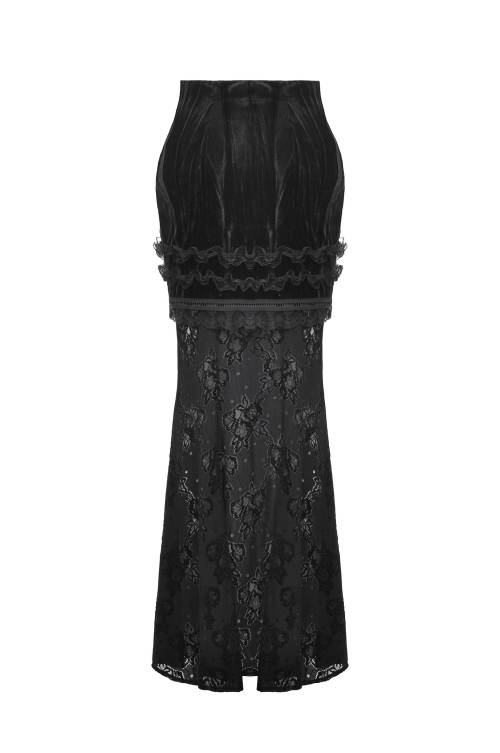 Gothic Black Lace Layered Long Skirt featuring elegant lace detailing and high-waist design for a mysterious look.