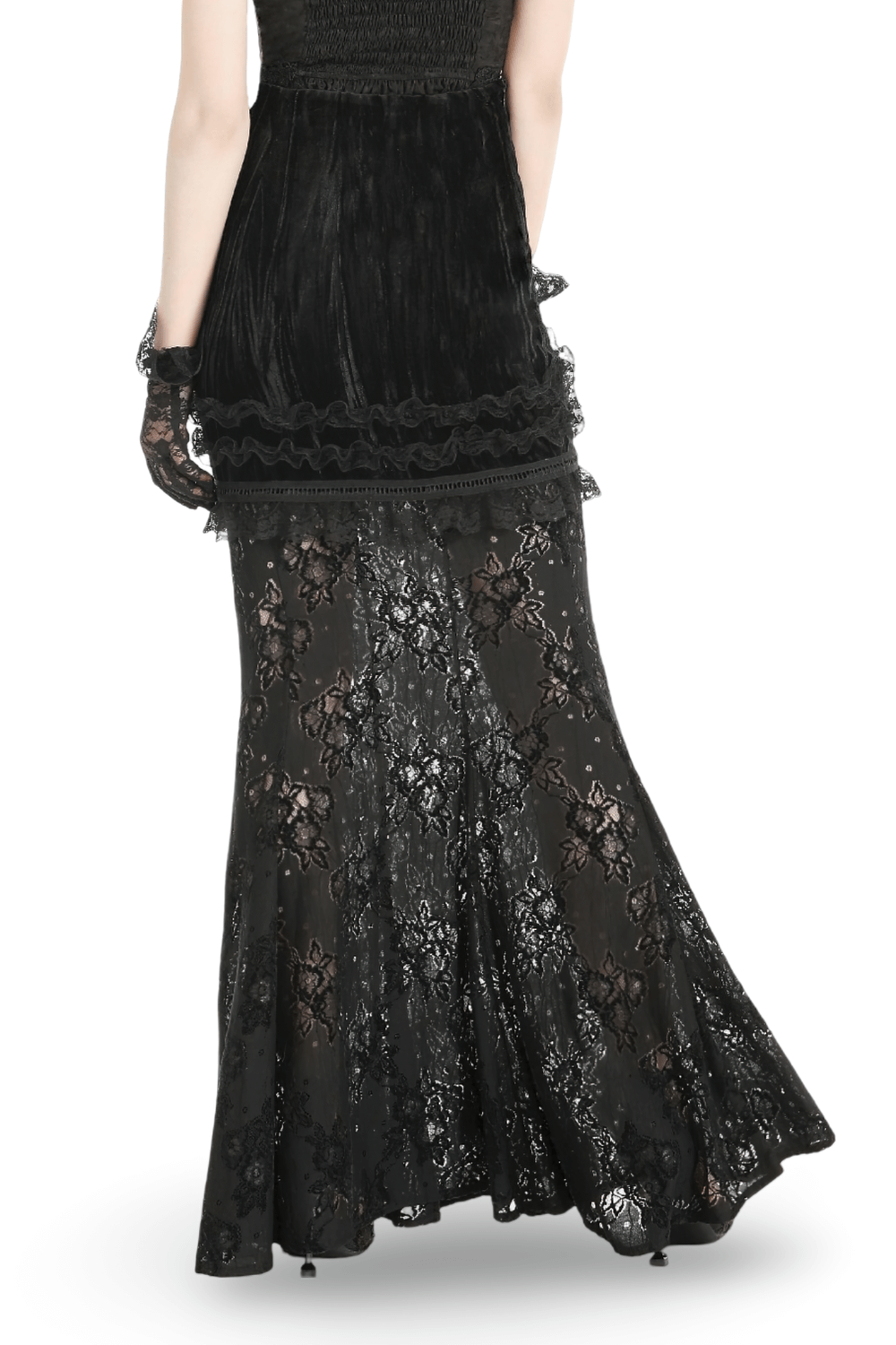 Elegant gothic black lace layered long skirt for women, showcasing intricate lace detailing from the back.